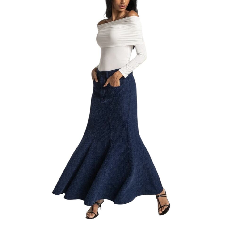 A’ Wet Gelila Maxi Skirt Fishtail Mermaid Waffle Cotton Indigo NWT $385 XS